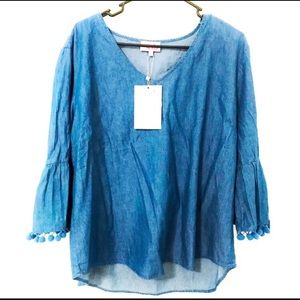 Hester & Orchard Blue Denim Chambray Top with Pom Pom Fringe